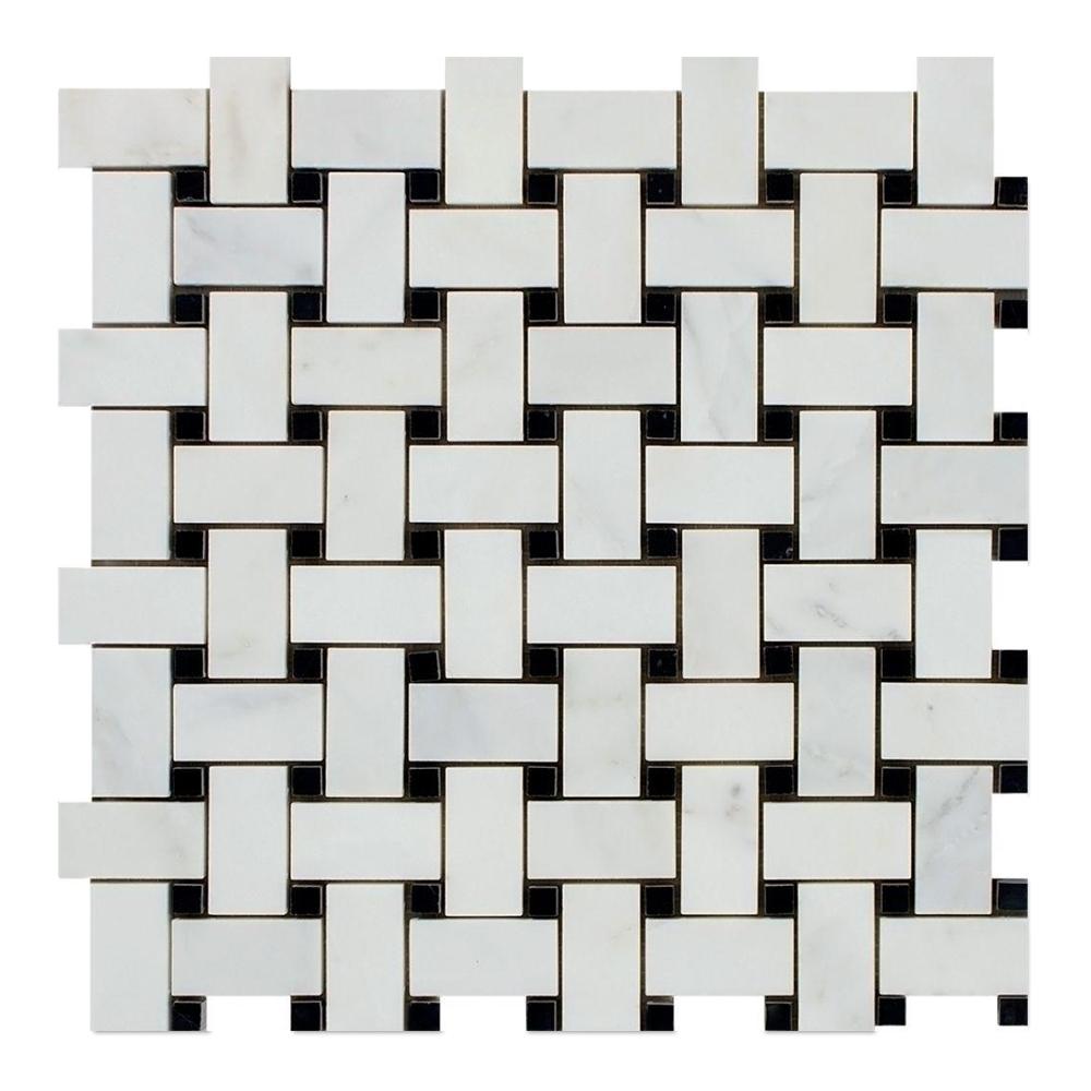 Oriental White Marble Mosaic - Basketweave with Black Dots Polished