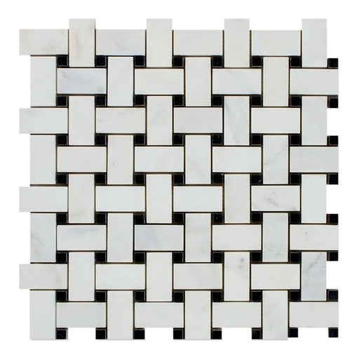 Oriental White Marble Mosaic - Basketweave with Black Dots Polished