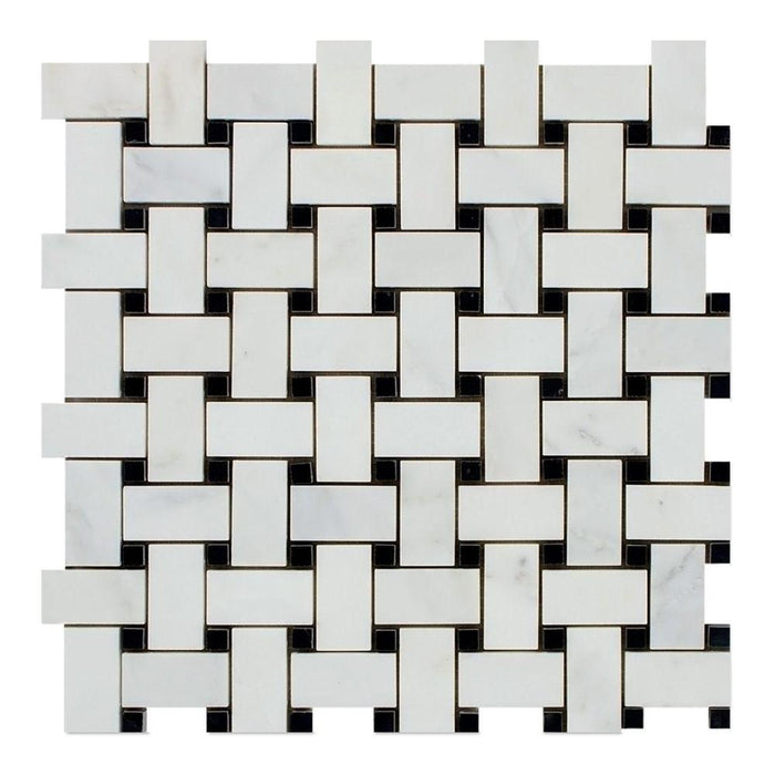 Oriental White Marble Mosaic - Basketweave with Black Dots Polished