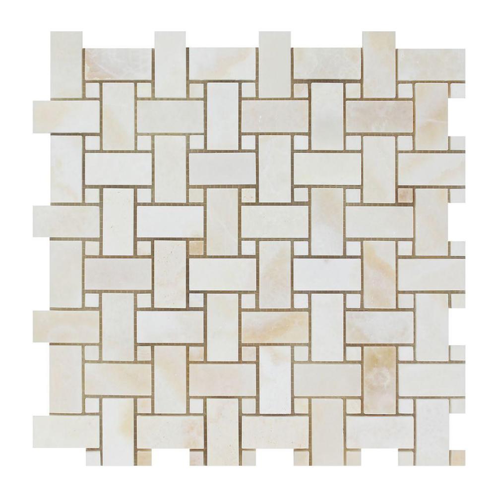White Cross Cut Onyx Mosaic - Basketweave with White Onyx Dots Polished