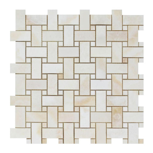 White Cross Cut Onyx Mosaic - Basketweave with White Onyx Dots Polished