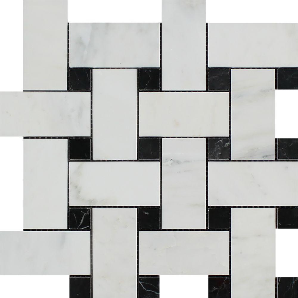 Oriental White Marble Mosaic - Large Basketweave with Black Dots Polished