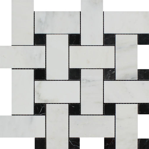 Oriental White Marble Mosaic - Large Basketweave with Black Dots Polished