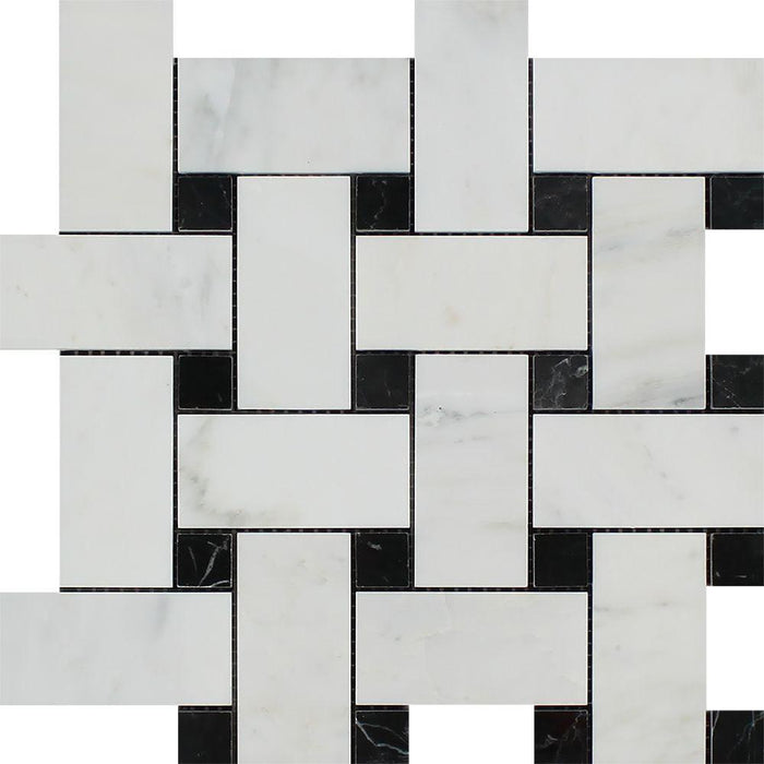 Oriental White Marble Mosaic - Large Basketweave with Black Dots Polished