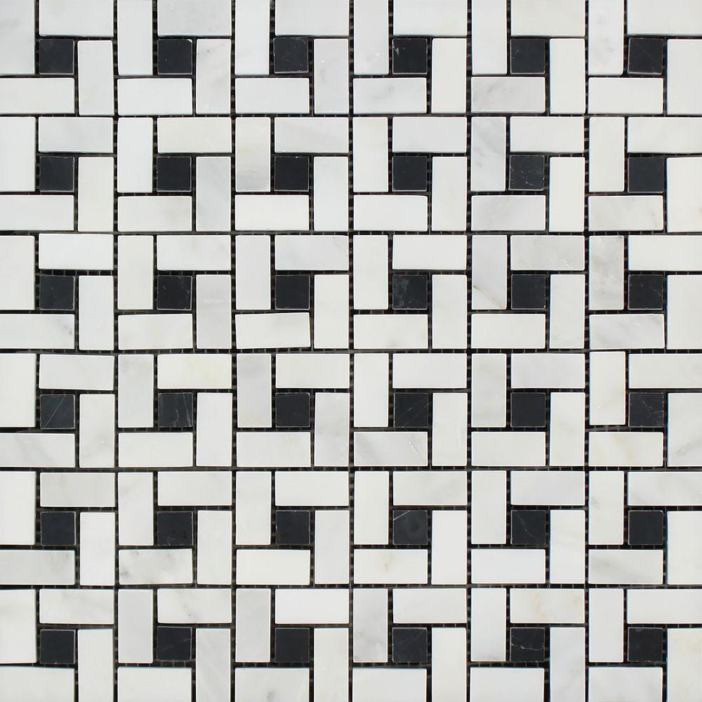 Oriental White Marble Mosaic - 5/8" x 1 1/4" Pinwheel with Black Dots Polished