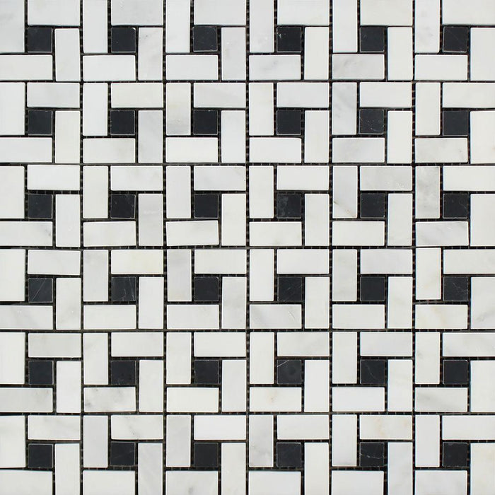 Oriental White Marble Mosaic - 5/8" x 1 1/4" Pinwheel with Black Dots Polished