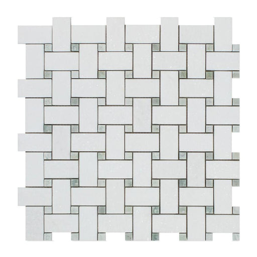 Thassos White Marble Mosaic - Basketweave with Ming Green Dots Polished