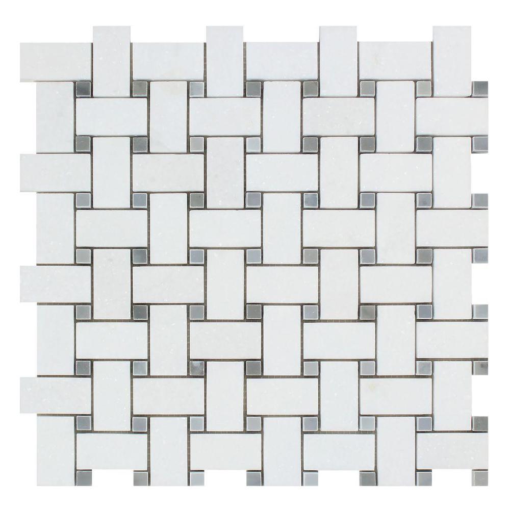 Thassos White Marble Mosaic - Basketweave with Gray Dots Polished