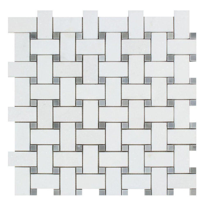 Thassos White Marble Mosaic - Basketweave with Gray Dots Polished