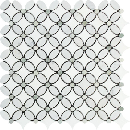 Thassos White Marble Mosaic - Flower with Ming Green Dots Polished