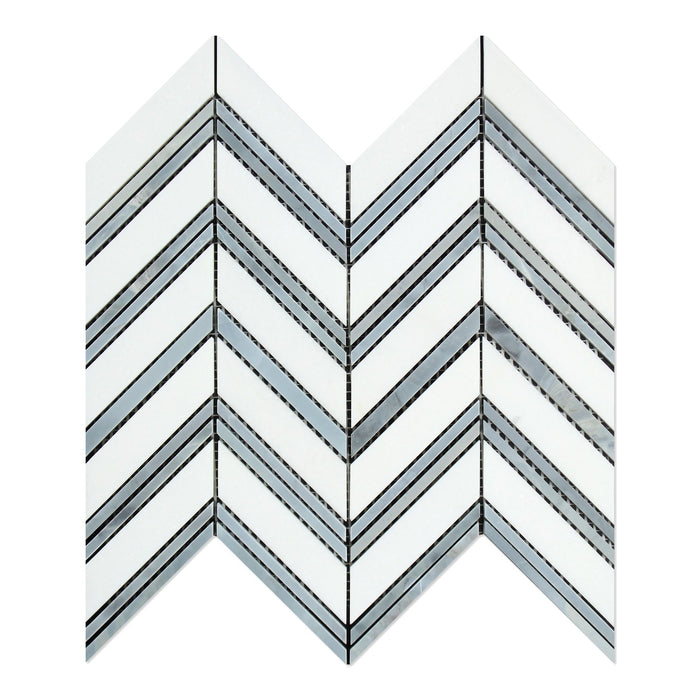 Thassos White Marble Mosaic - Large Chevron with Gray Polished