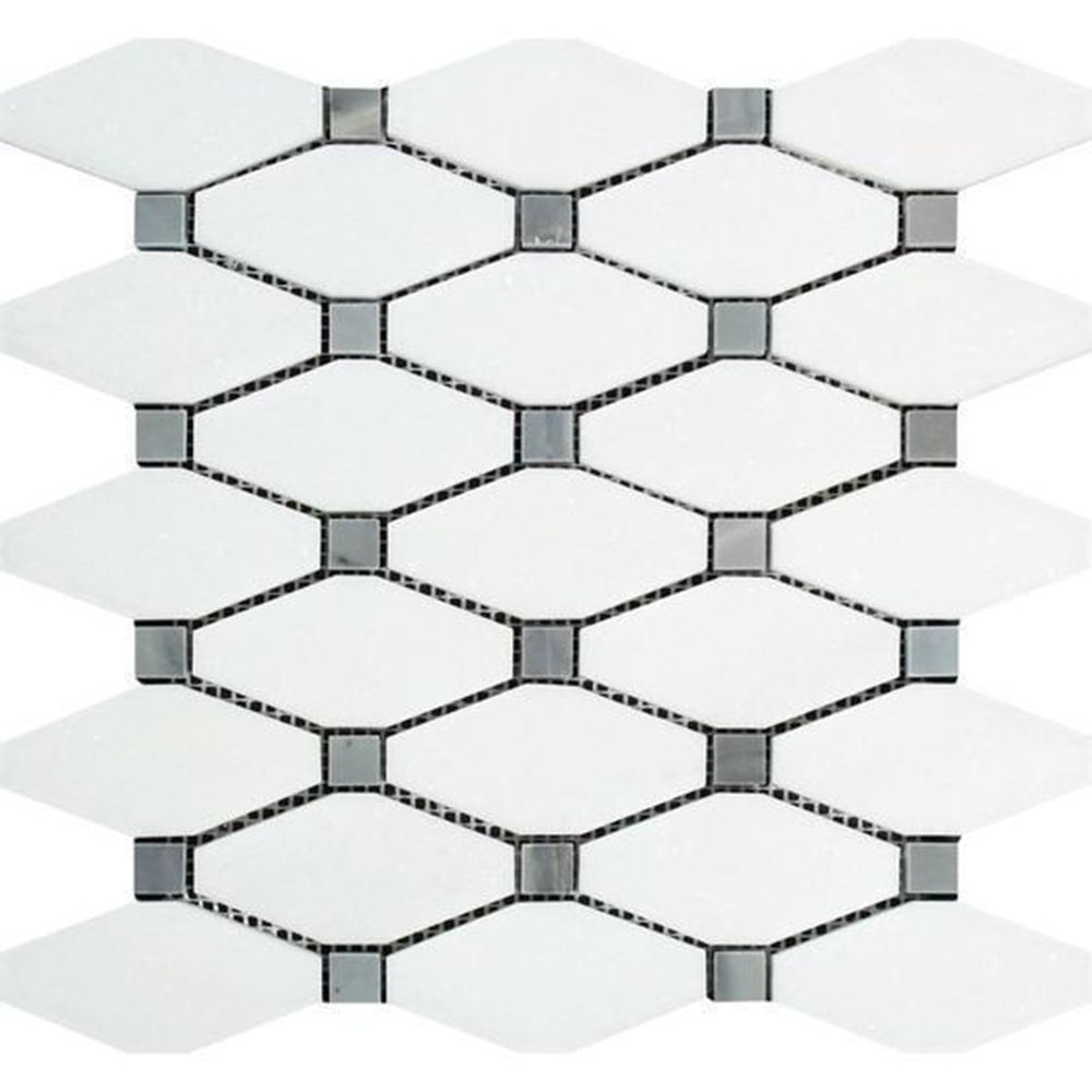 Thassos White Marble Mosaic - Elongated Octagon with Gray Dots Polished