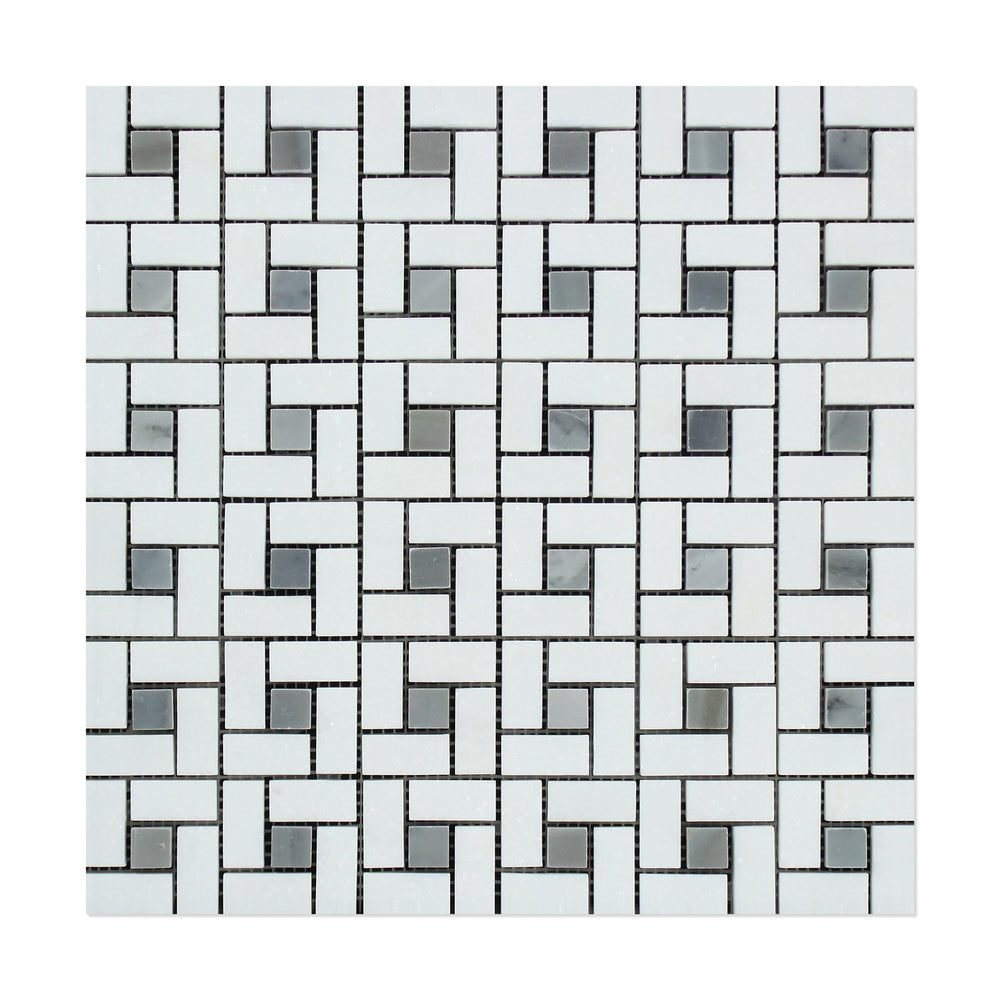 Thassos White Marble Mosaic - 5/8" x 1 1/4" Pinwheel with Gray Dots Polished