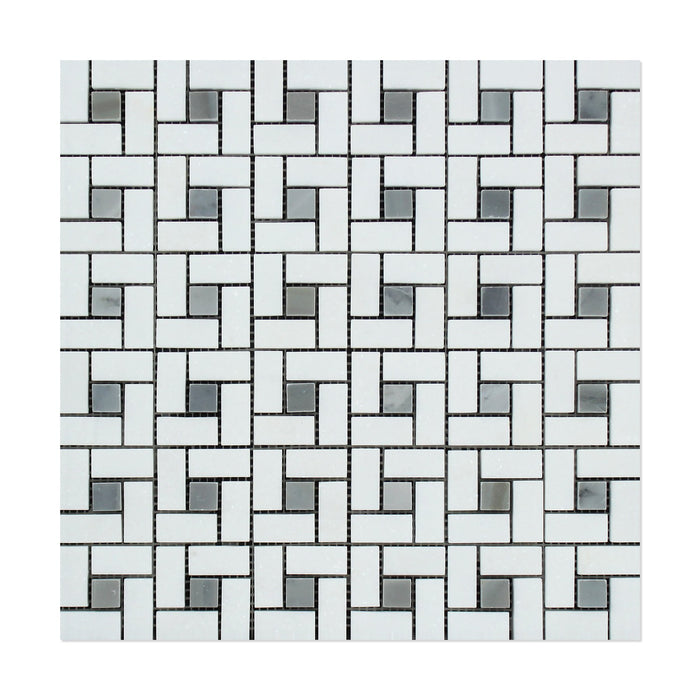 Thassos White Marble Mosaic - 5/8" x 1 1/4" Pinwheel with Gray Dots Polished