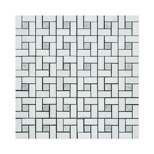 Thassos White Marble Mosaic - 5/8" x 1 1/4" Pinwheel with Ming Green Dots Polished