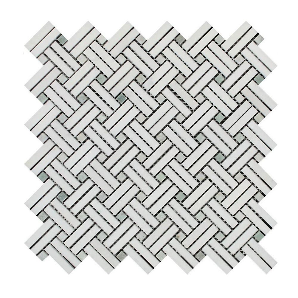 Thassos White Marble Mosaic - Stanza with Ming Green Dots Polished