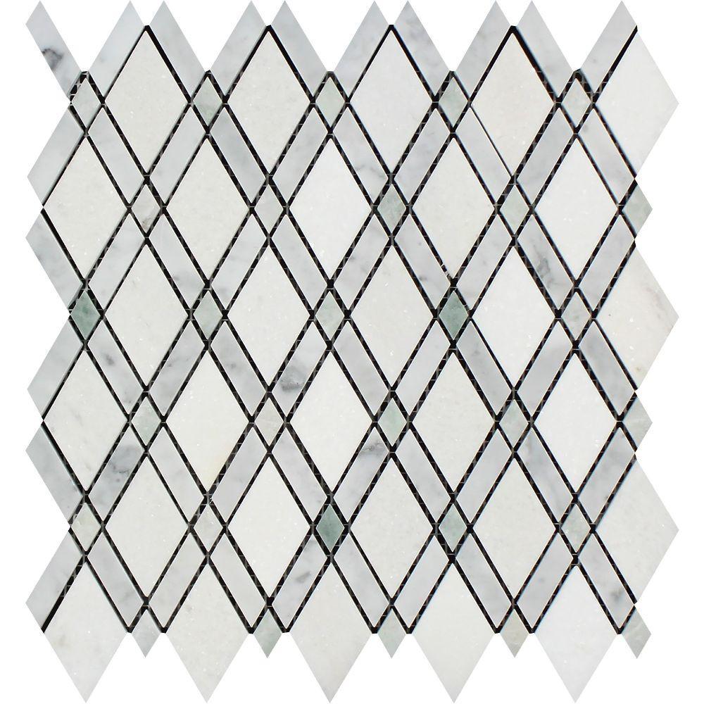 Thassos White Marble Mosaic - Lattice with Ming Green & Carrara Polished