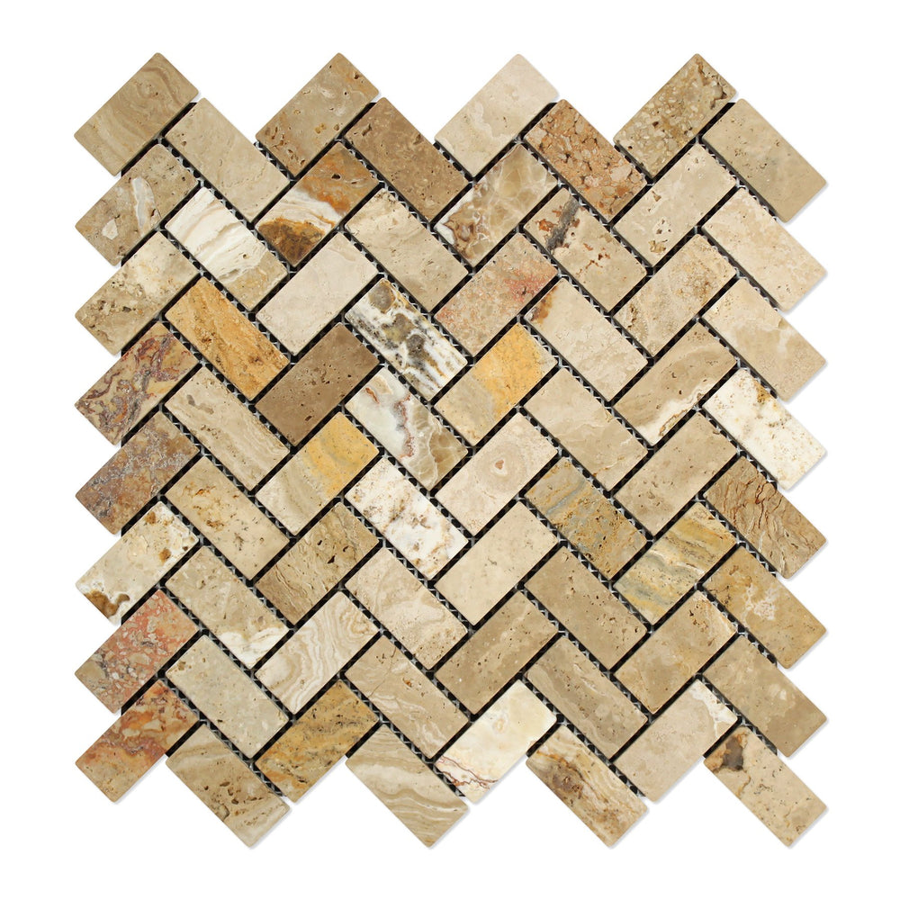 Valencia Travertine Mosaic - 1" x 2" Herringbone Tumbled