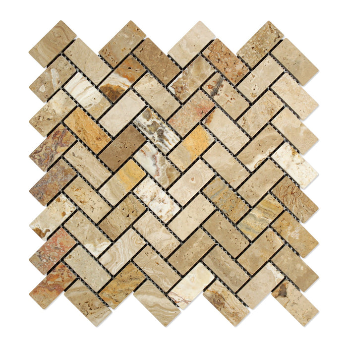 Valencia Travertine Mosaic - 1" x 2" Herringbone Tumbled