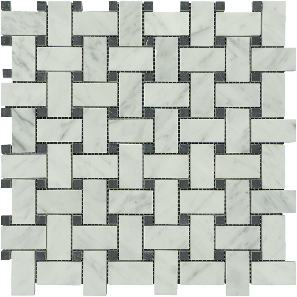 White Carrara Marble Mosaic - Basketweave with Black Dots Polished