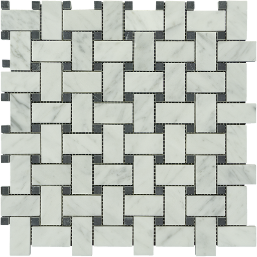 White Carrara Marble Mosaic - Basketweave with Black Dots Polished