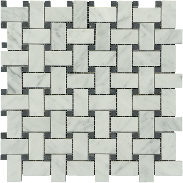 White Carrara Marble Mosaic - Basketweave with Black Dots Polished