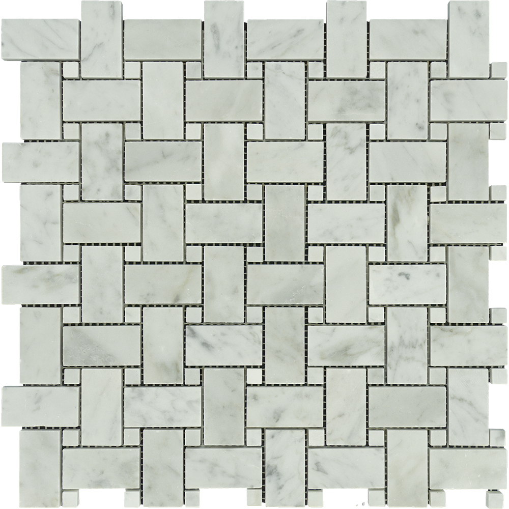 White Carrara Marble Mosaic - Basketweave with White Dots Polished