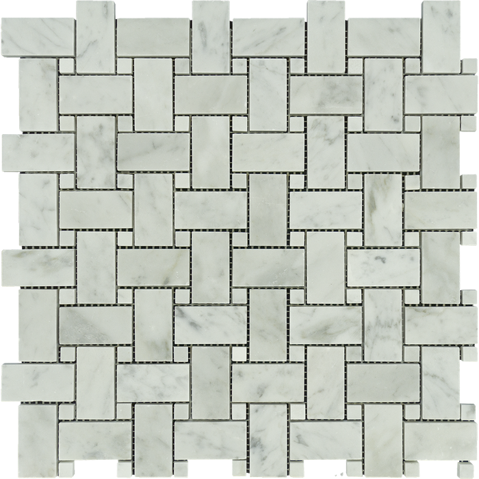 White Carrara Marble Mosaic - Basketweave with White Dots Polished