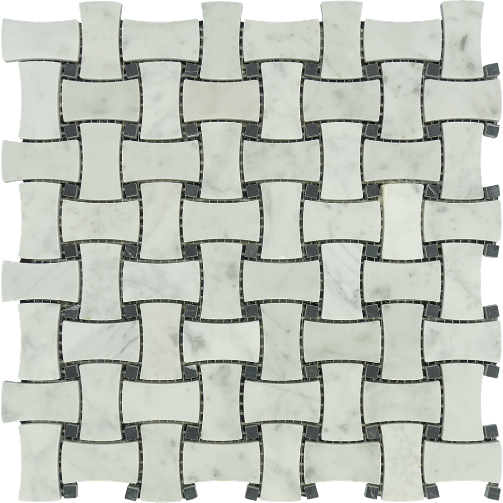 White Carrara Marble Mosaic - Dogbone Basketweave with Black Dots Polished