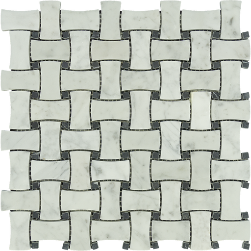 White Carrara Marble Mosaic - Dogbone Basketweave with Black Dots Polished