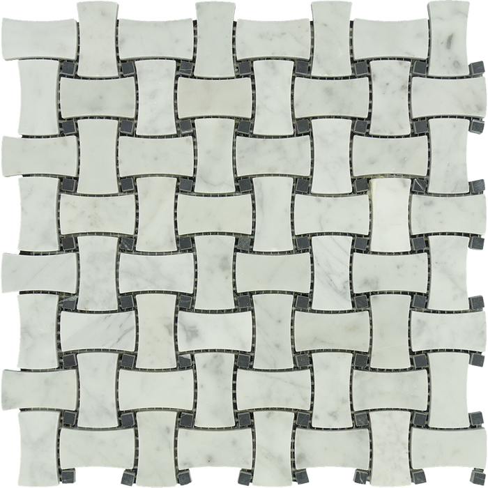 White Carrara Marble Mosaic - Dogbone Basketweave with Black Dots Polished