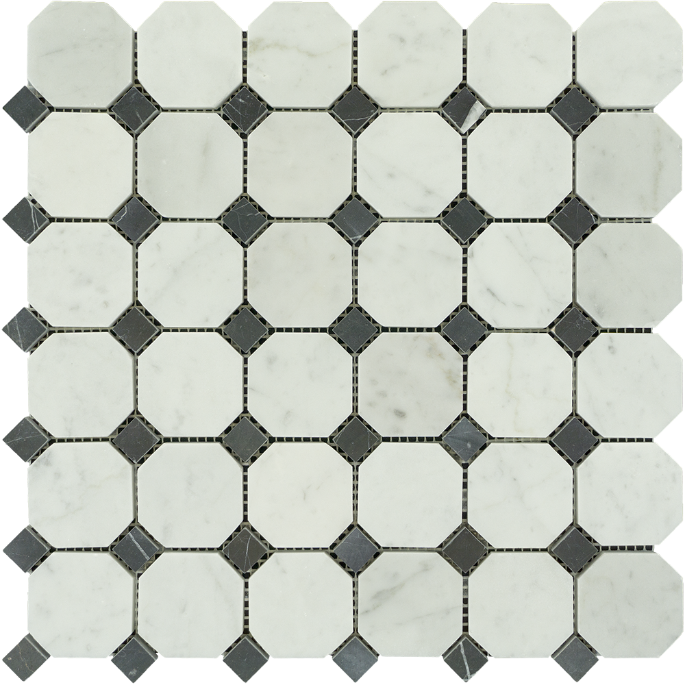 White Carrara Marble Mosaic - Octagon with Black Dots Polished