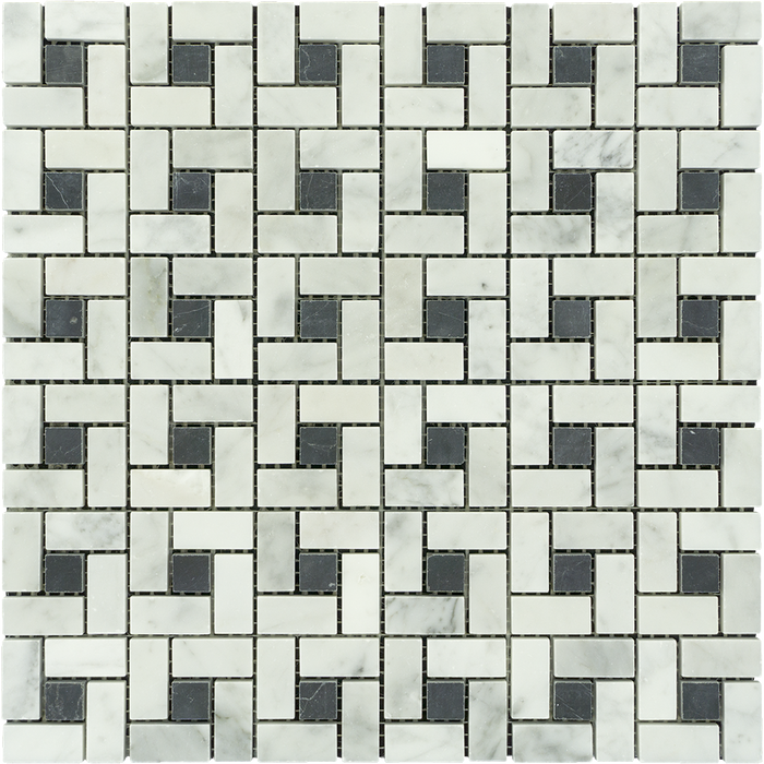 White Carrara Marble Mosaic - 5/8" x 1 1/4" Pinwheel with Black Dots Polished