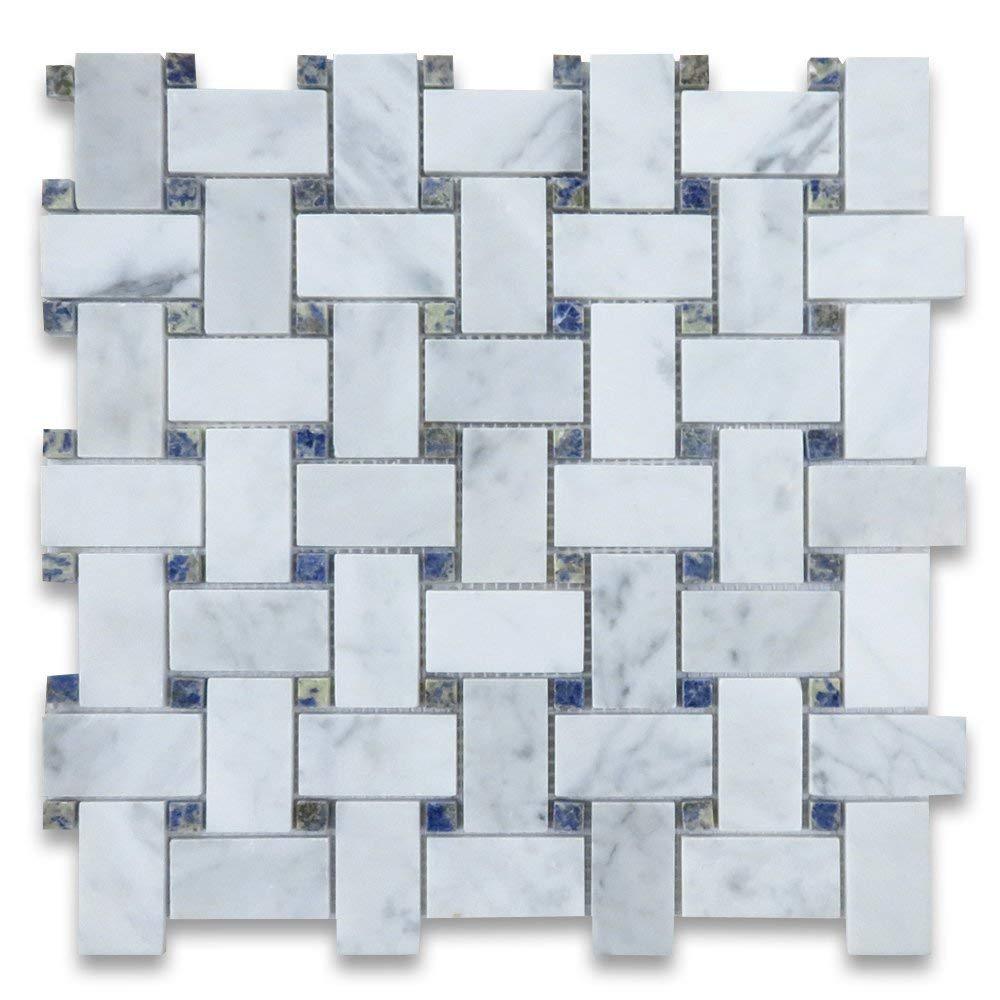 White Carrara Marble Mosaic - Basketweave with Dark Blue Dots Polished