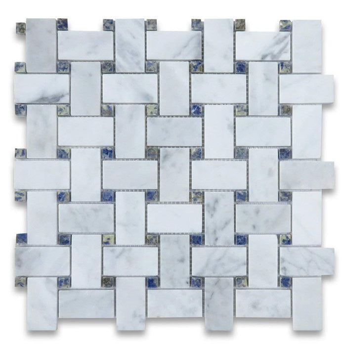 White Carrara Marble Mosaic - Basketweave with Dark Blue Dots Polished