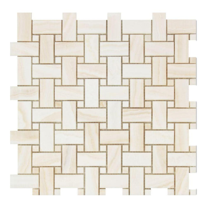White Vein Cut Onyx Mosaic - Basketweave with White Onyx Dots Polished