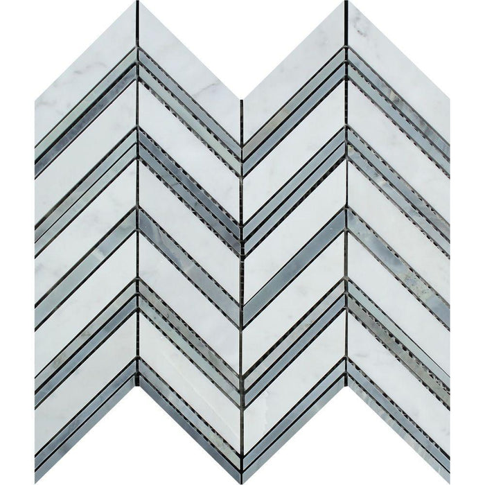 White Carrara Marble Mosaic - Large Chevron with Blue-Gray Polished