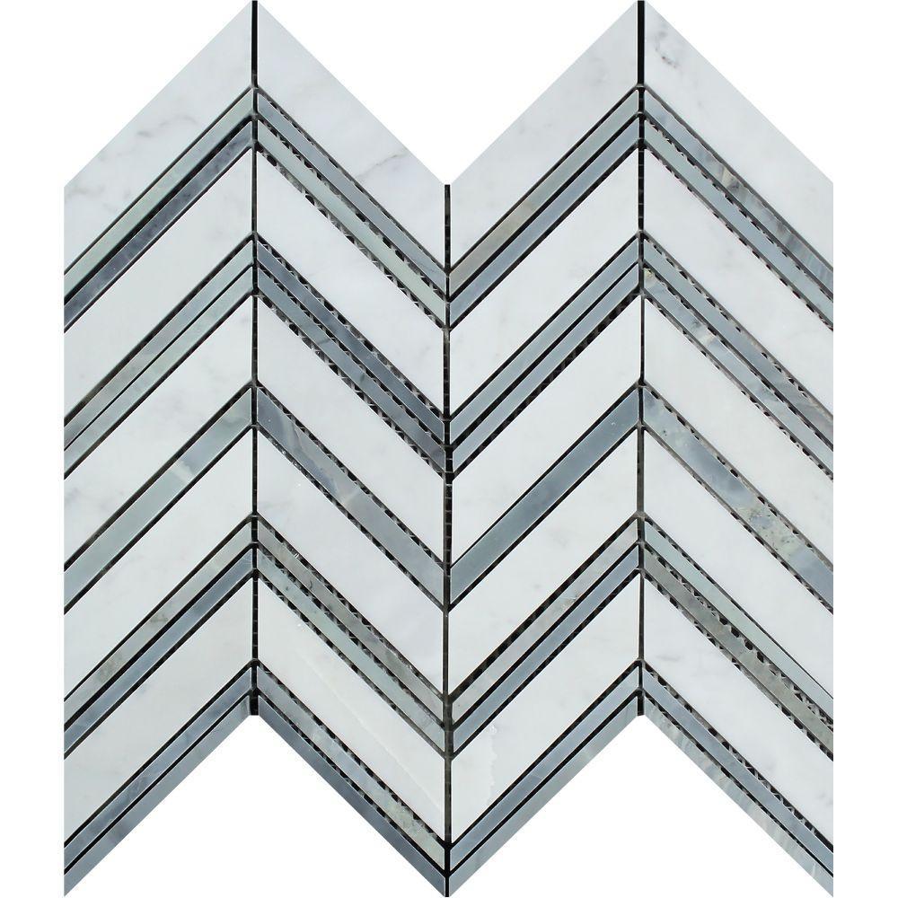 White Carrara Marble Mosaic - Large Chevron with Blue-Gray Honed 