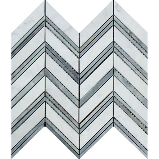 White Carrara Marble Mosaic - Large Chevron with Blue-Gray Honed 