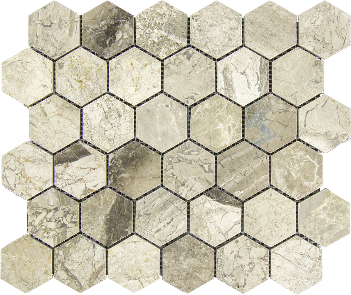 Tundra Gray Marble Mosaic - 2" Hexagon Honed